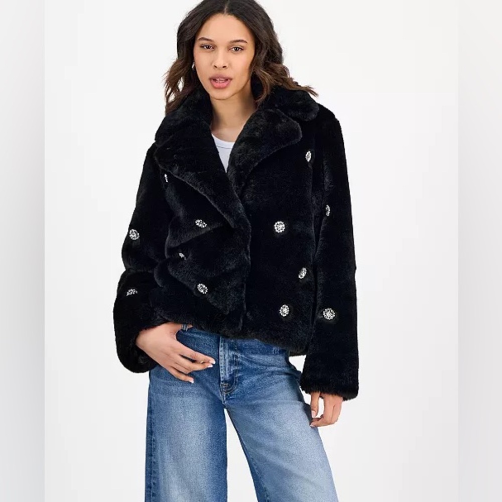 CeCe Front Collared Faux-Fur Bomber Coat Black Embellished Rhinestone Size M